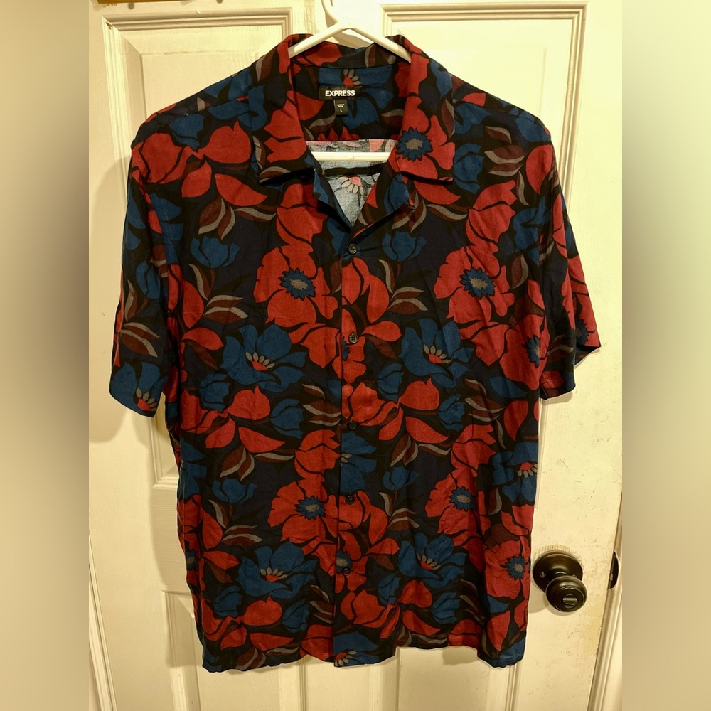 Express Men's Red and Blue Floral Button Down Shirts (Two Shirts)